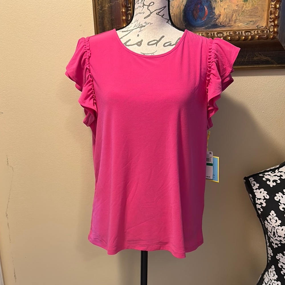 🌷CeCe Bright Rose Flutter Cap Sleeves Crew Neck Flattering Blouse